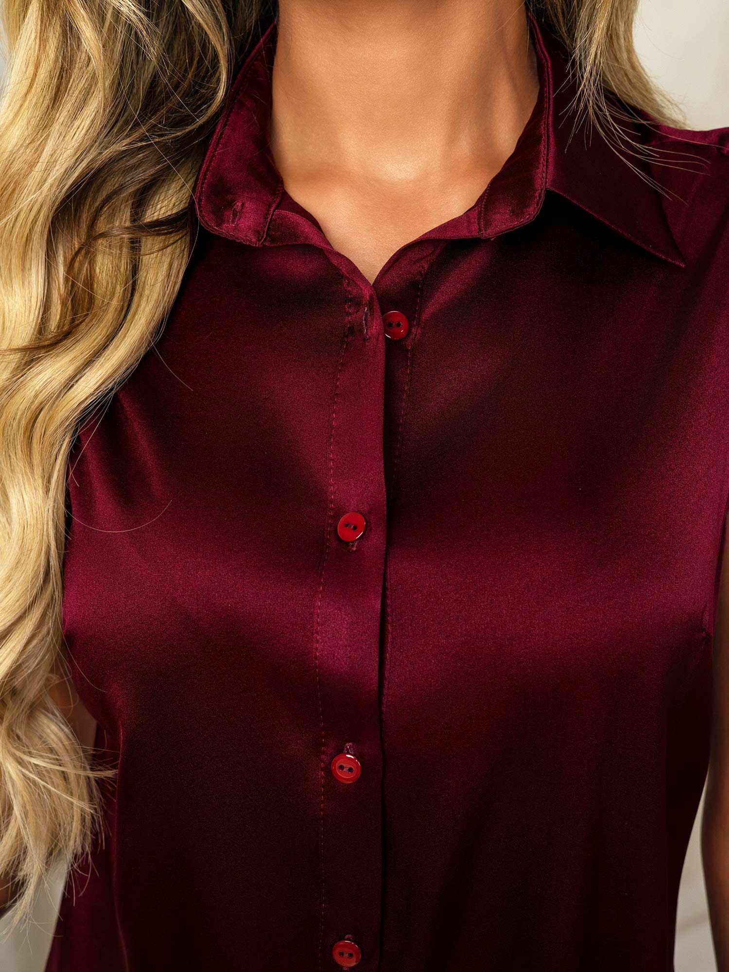 [Mørkerød] SilkSilky-NO 19Momme Silke Lapel Collar Skjorte for Kvinner 007