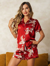 [Mørkerød] SilkSilky-NO Short Sleeve Lapel Collar Pyjamas for Kvinner 003