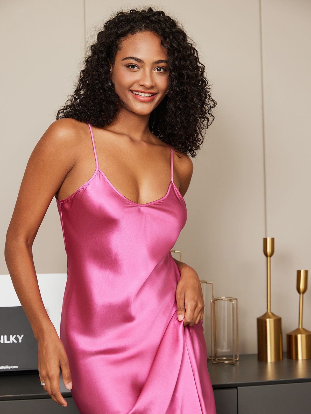 [Rosenrød] SilkSilky-NO Pure Silk Sleeveless Round Neck Nattkjole 005