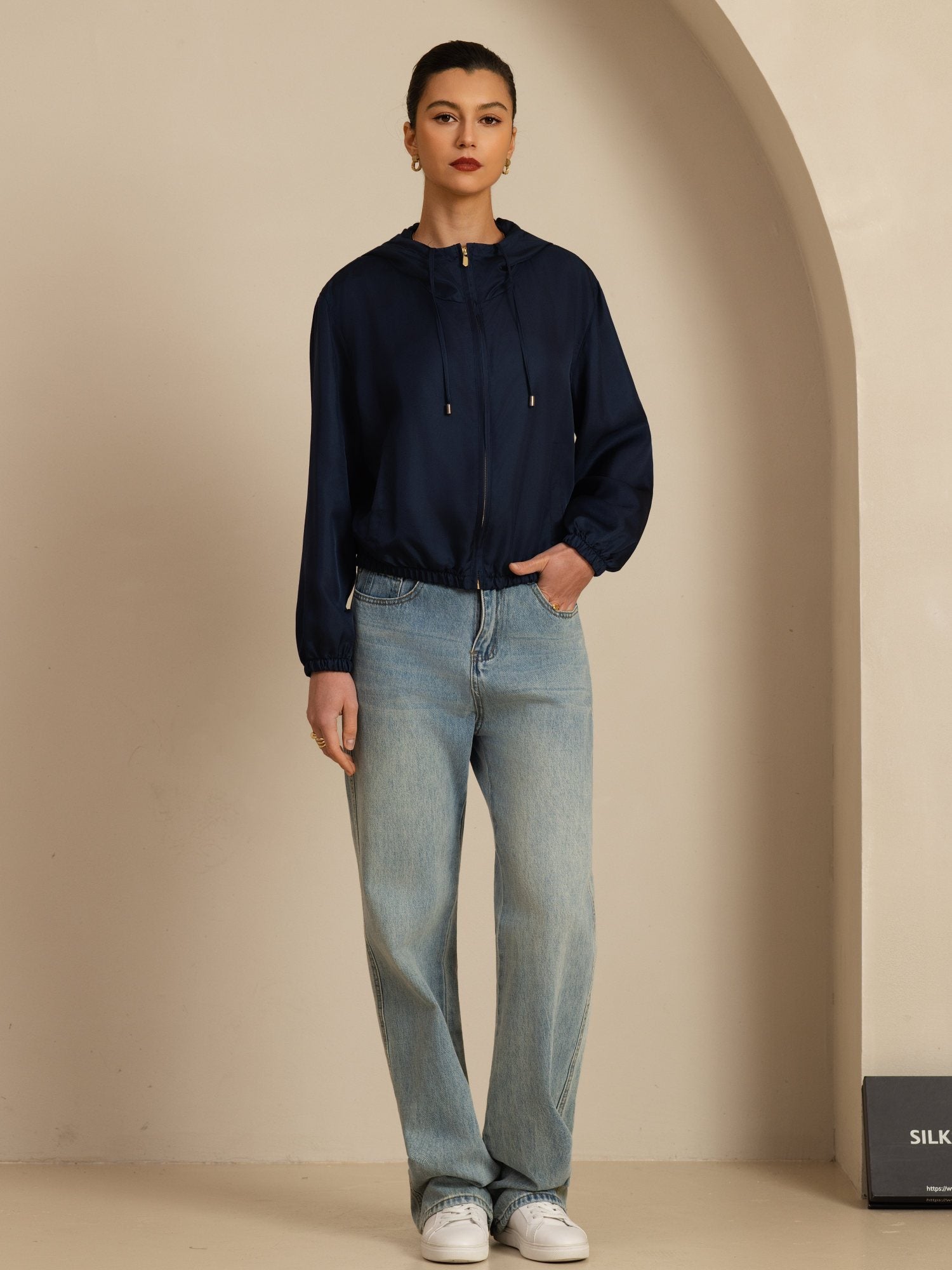 [Mørkeblå] SilkSilky-NO 18Momme Langermet Ståkrave Yttertøy for Kvinner 007