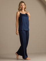 [Mørke blå] SilkSilky-NO 19Momme Spaghetti Stropp Dyp Rund Halsutringning Camisole sett 007