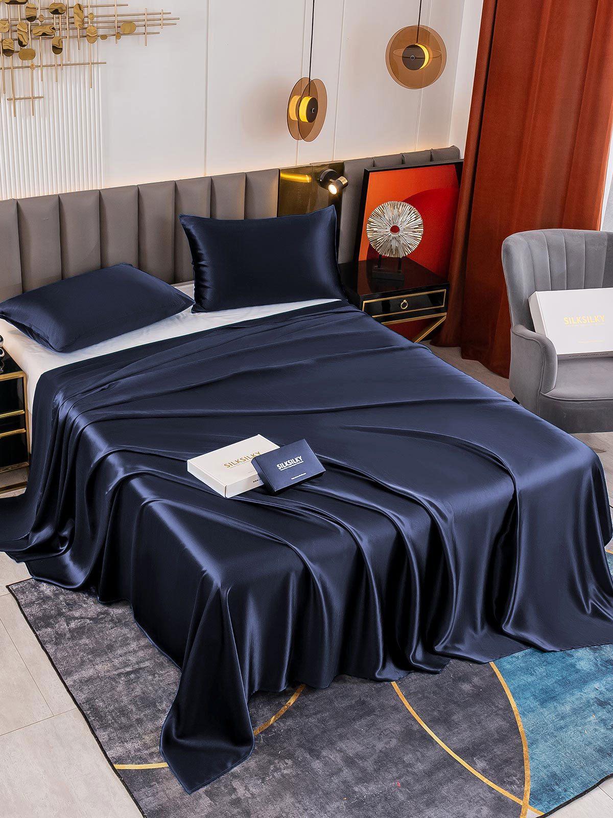 [Mørke blå] SilkSilky-NO 19Momme Bedding Set 001