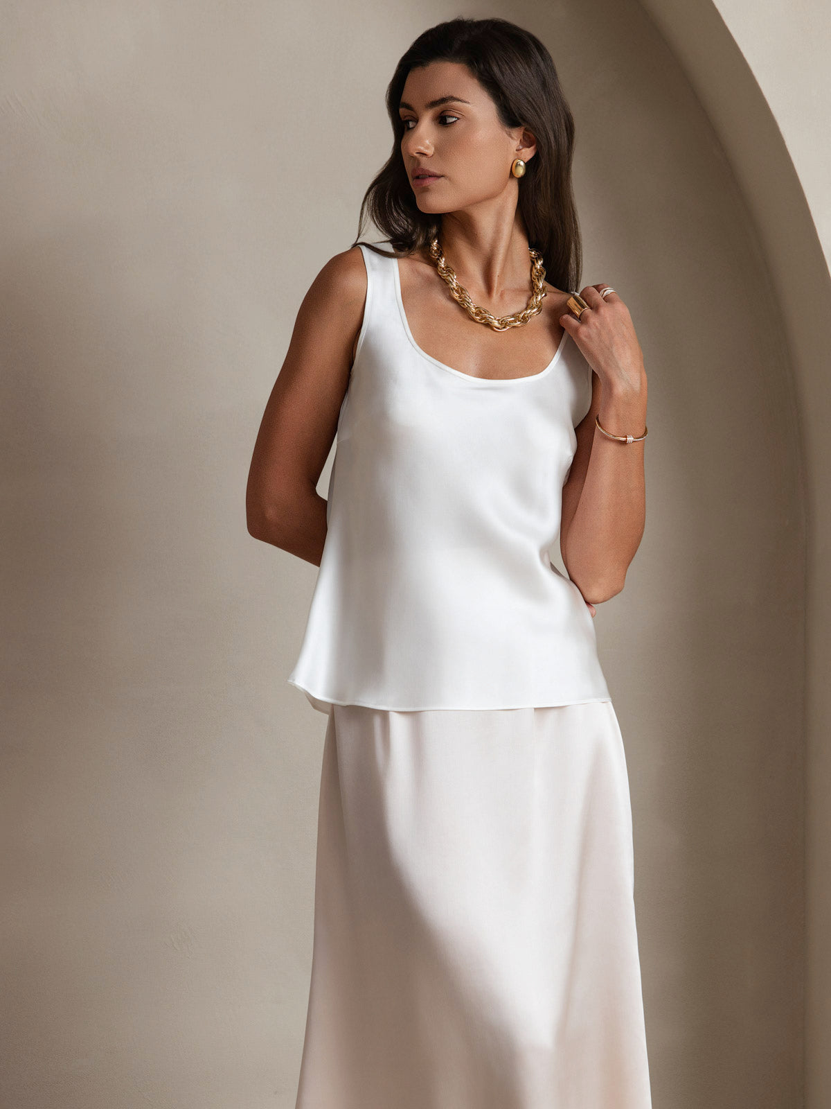 [Hvit] SilkSilky-NO 19Momme Silke U-hals Camisole Topp 003