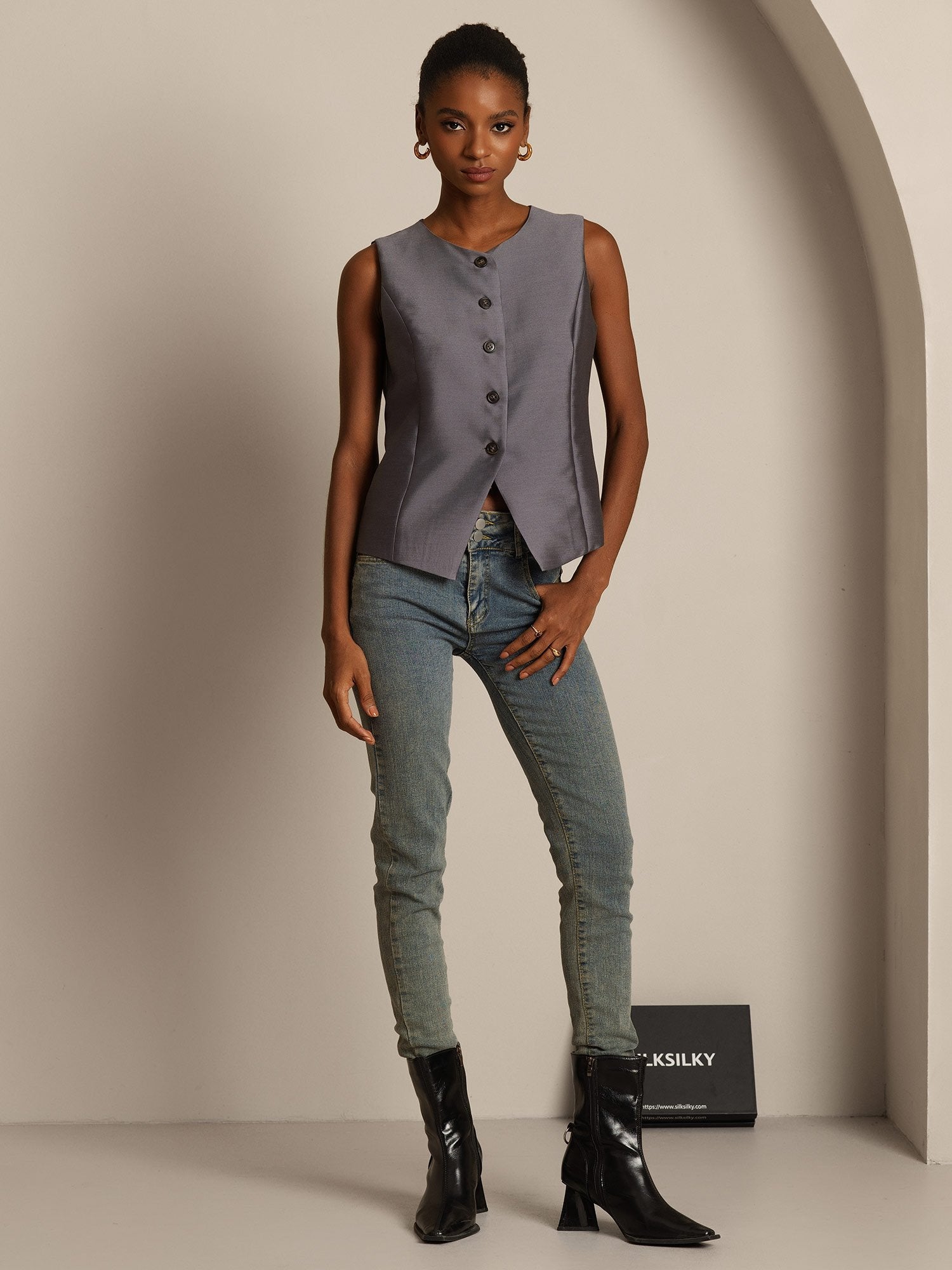 [Grå] SilkSilky-NO 32Momme Silk-Wool Blend Womens Vest 008,