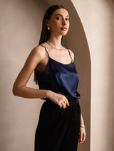 [Mørke blå] SilkSilky-NO 19Momme Spaghetti Stropp Dyp Rund Halsutringning Camisole Topp 003