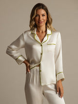 [Hvit] SilkSilky-NO Long Sleeve Lapel Collar Pyjamas for Kvinner 003