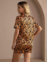 [Svart Tiger] SilkSilky-NO Short Sleeve Lapel Collar Pyjamas for Kvinner 002