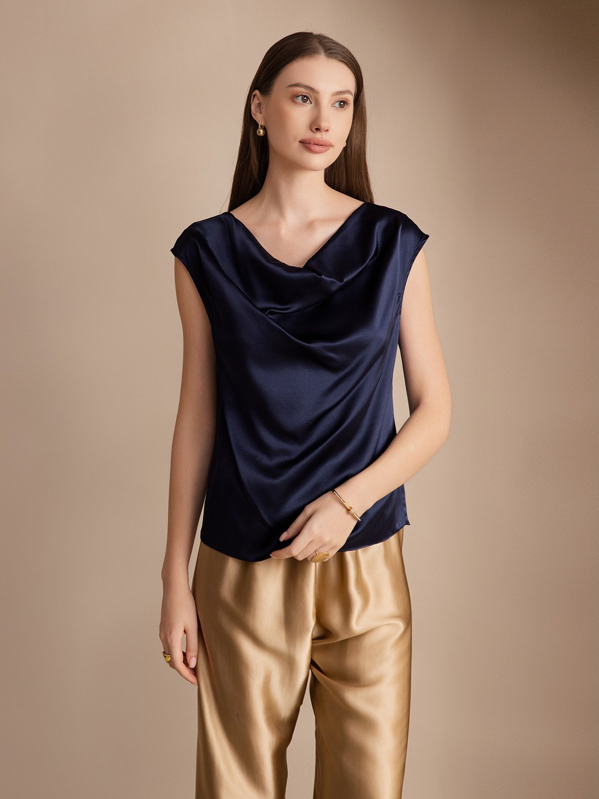 SilkSilky US 19Momme Silk Blend Sleeveless Cowl Neck Women's T Shirt DarkBlue 001