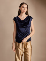 [Mørke blå] SilkSilky-NO Cap Sleeve Cowl Neck T-skjorte for Kvinner 001