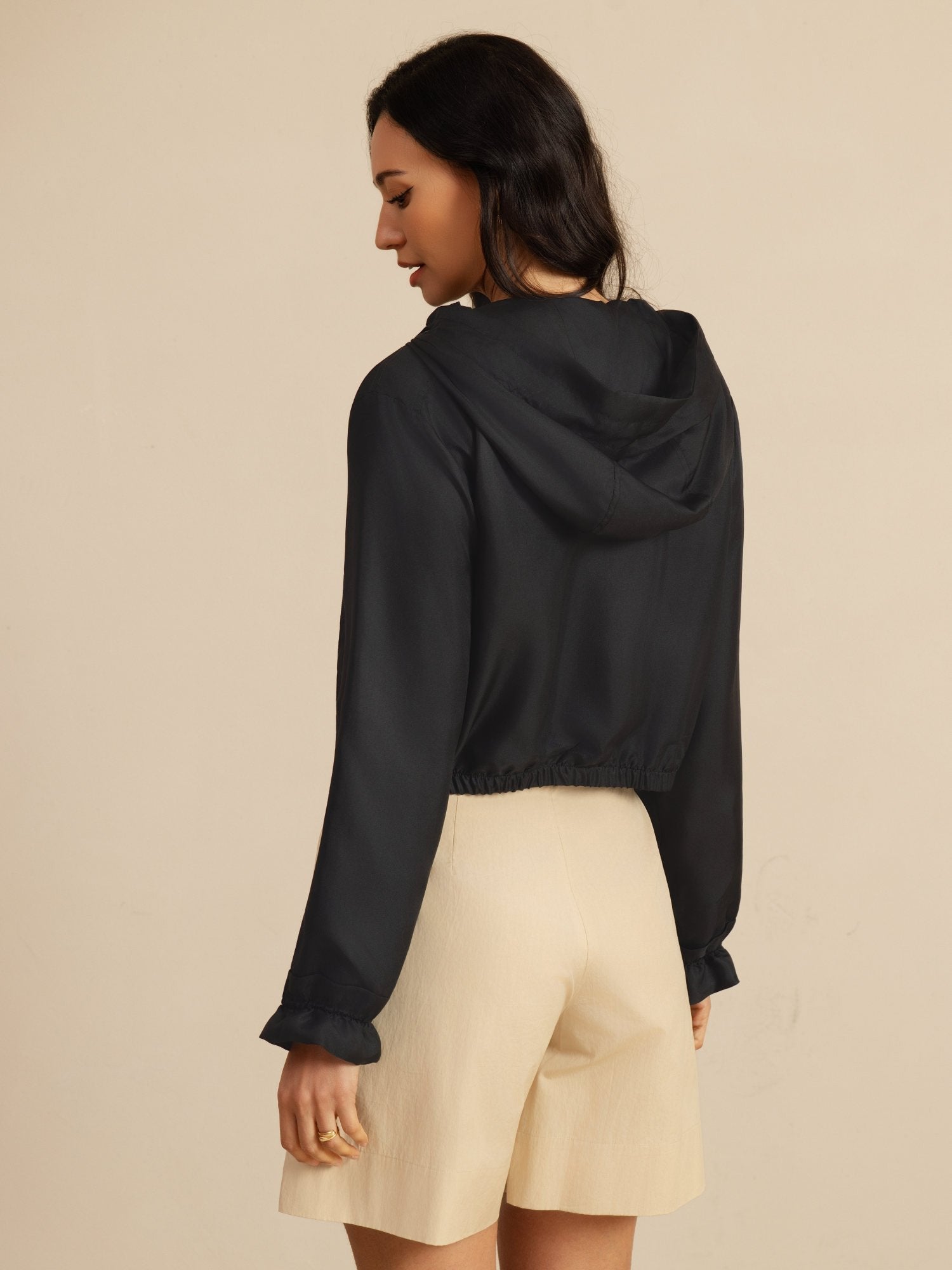 [Svart] SilkSilky-NO 18Momme Langermet Høy Hals Yttertøy for Kvinner 002