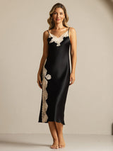 [Svart] SilkSilky-NO Spaghetti Strap V Neck Nattkjole 003