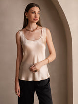 [Champagne] SilkSilky-NO 19Momme Ermeløs Dyp Rund Halsutringning Camisole Topp 005