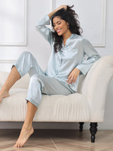 [Lyse Blå] SilkSilky-NO Long Sleeve Lapel Collar Pyjamas for Kvinner 001
