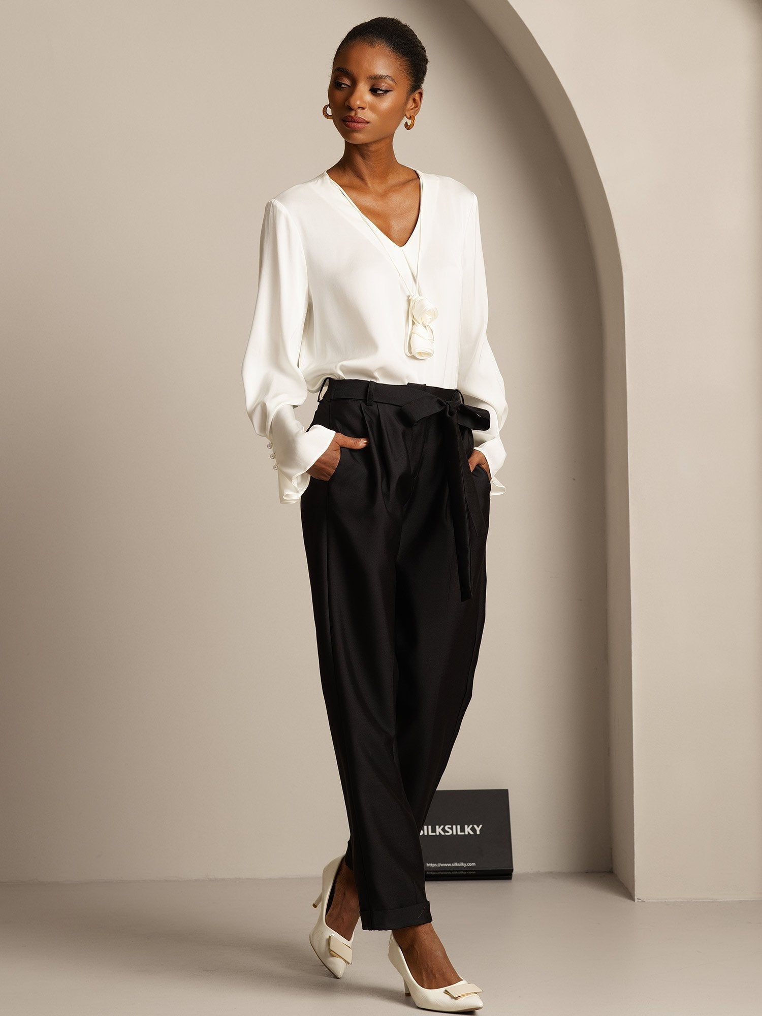 [Svart] SilkSilky-NO 32Momme Silk-Wool Blend Womens Pants 005,