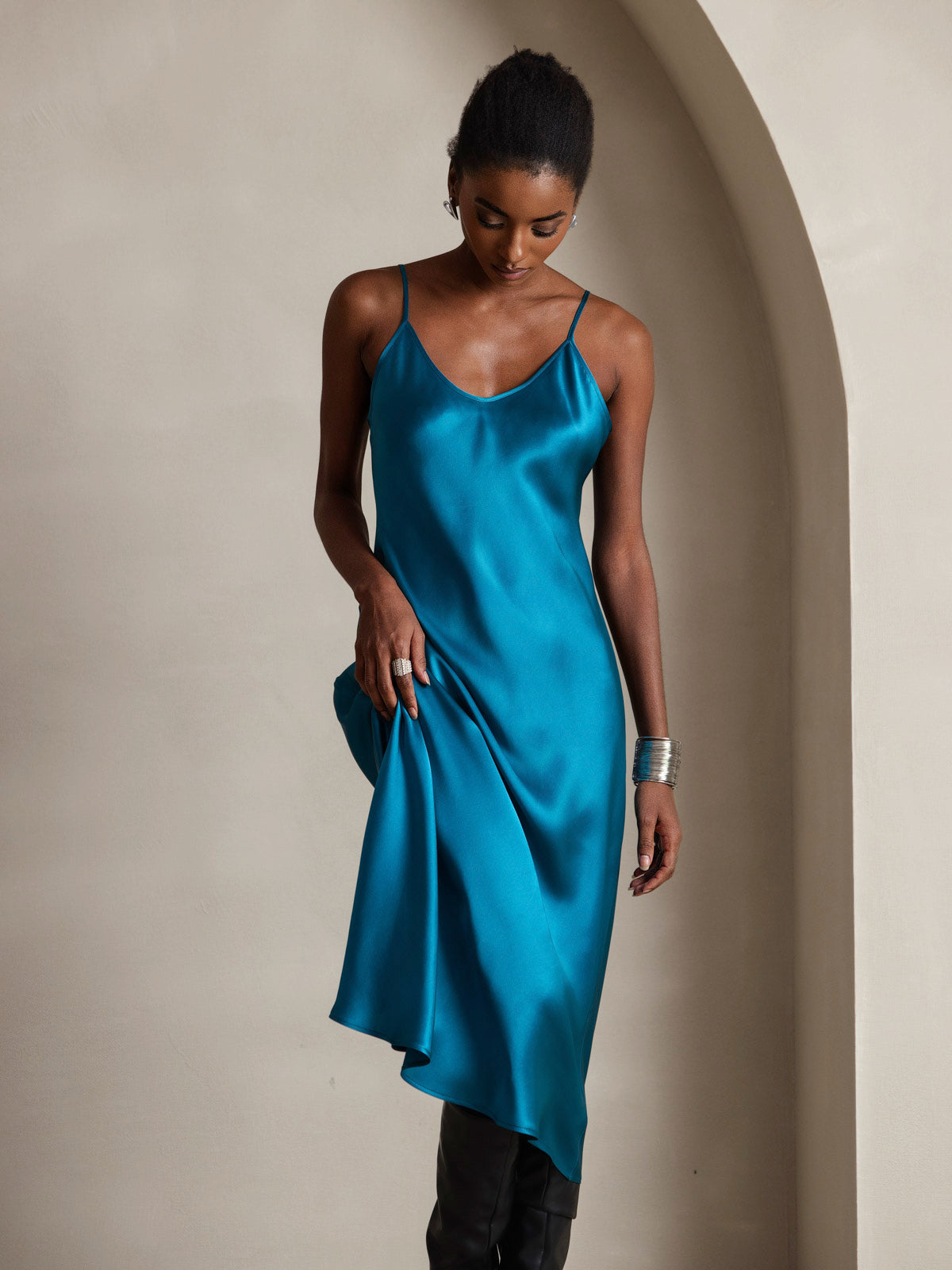 [Blågrønn] SilkSilky-NO Pure Silk Sleeveless Round Neck Kjole 003