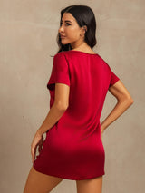 [Vin] SilkSilky-NO 19Momme Kort erm Rund Hals Nattkjole 002