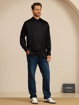 [Svart] SilkSilky-NO Long Sleeve Stand Collar Skjorte for Menn 008