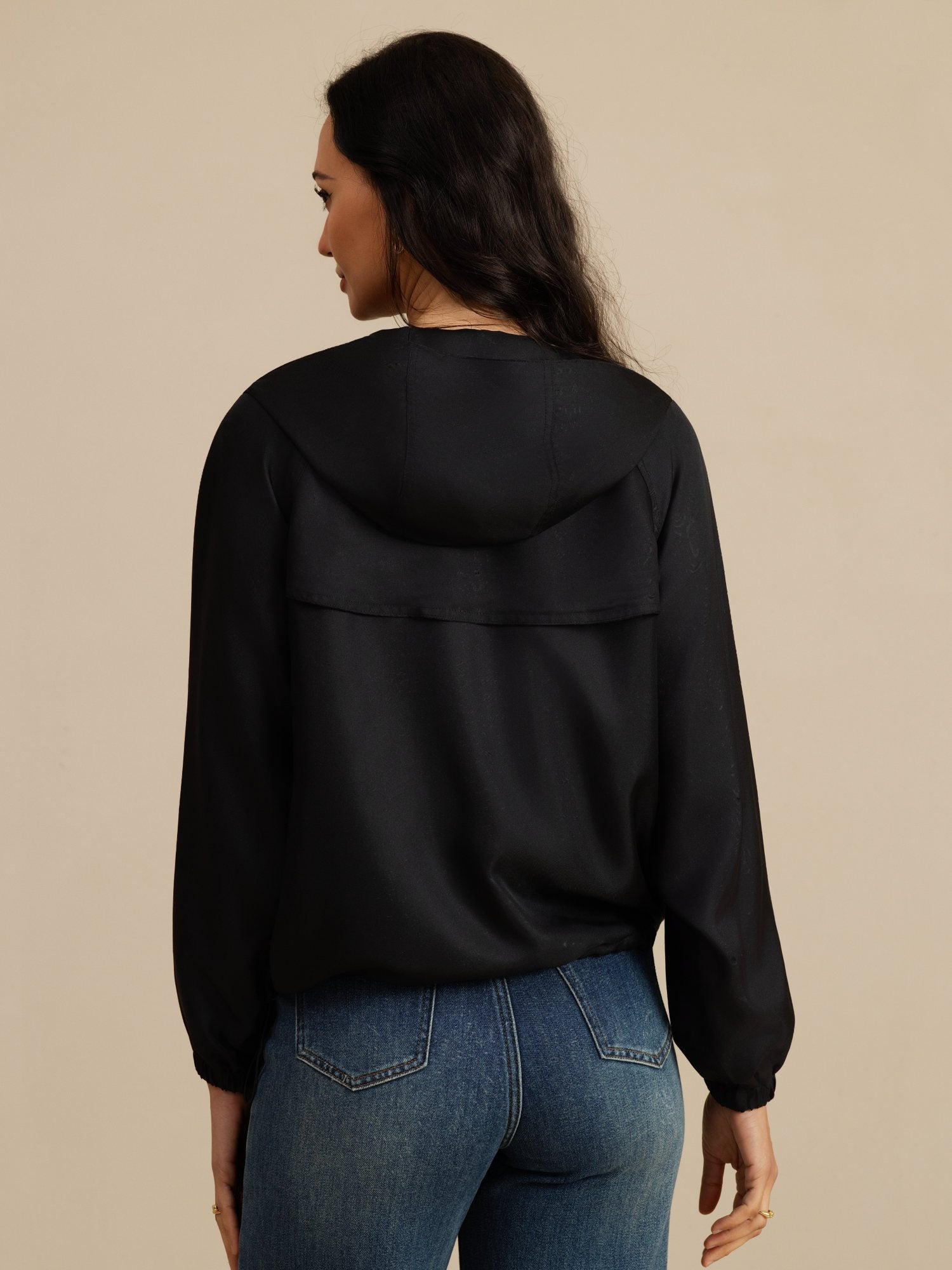 [Svart] SilkSilky-NO Langermet Høy Hals Yttertøy for Kvinner 002