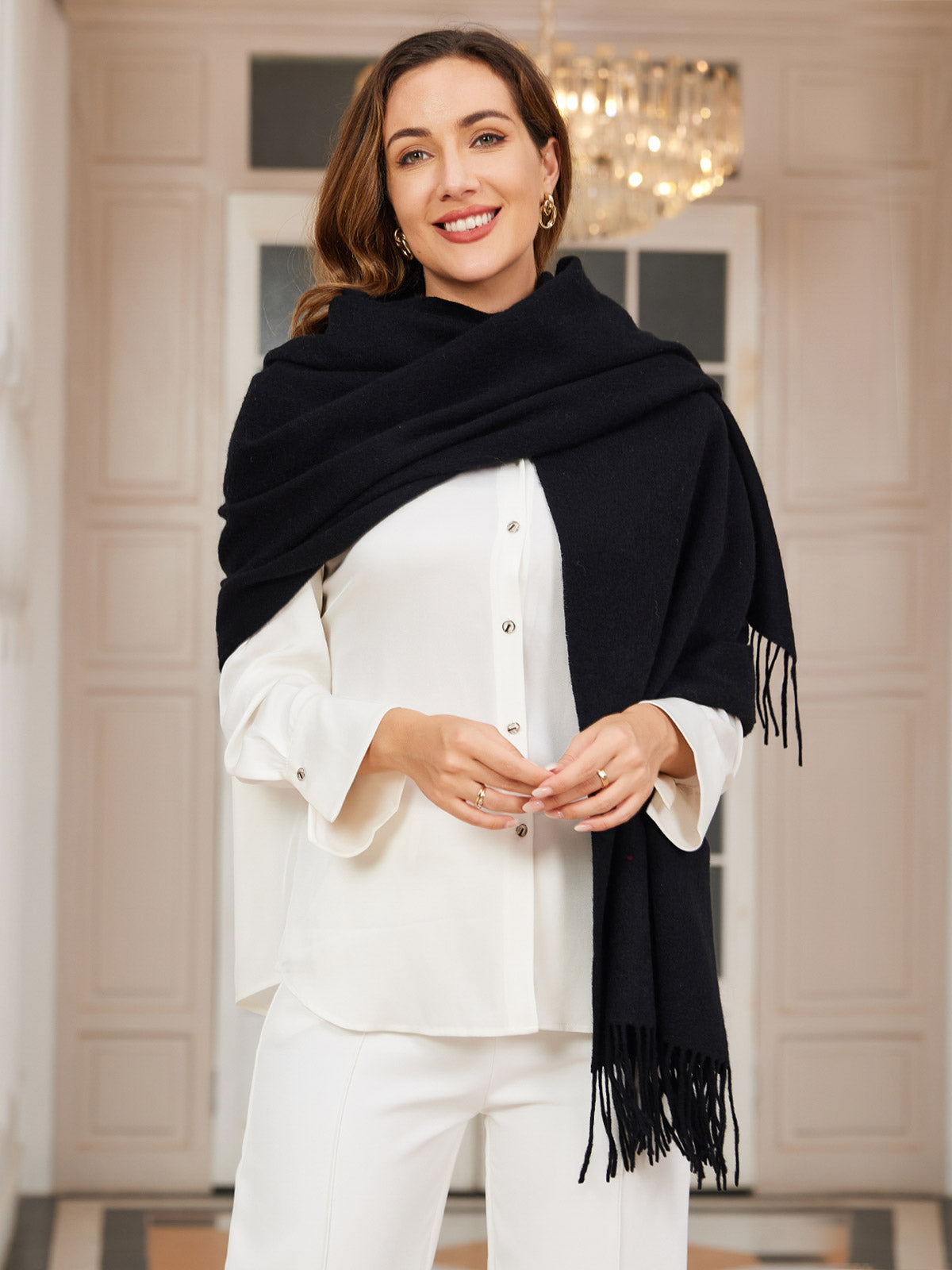 [Svart] SilkSilky-NO Ull Scarf 003