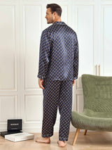 [Marine Kjede] SilkSilky-NO Long Sleeve Lapel Collar Pyjamas for menn 003
