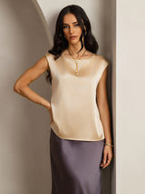 [Champagne] SilkSilky-NO Cap Sleeve Round Neck T-skjorte for Kvinner 001