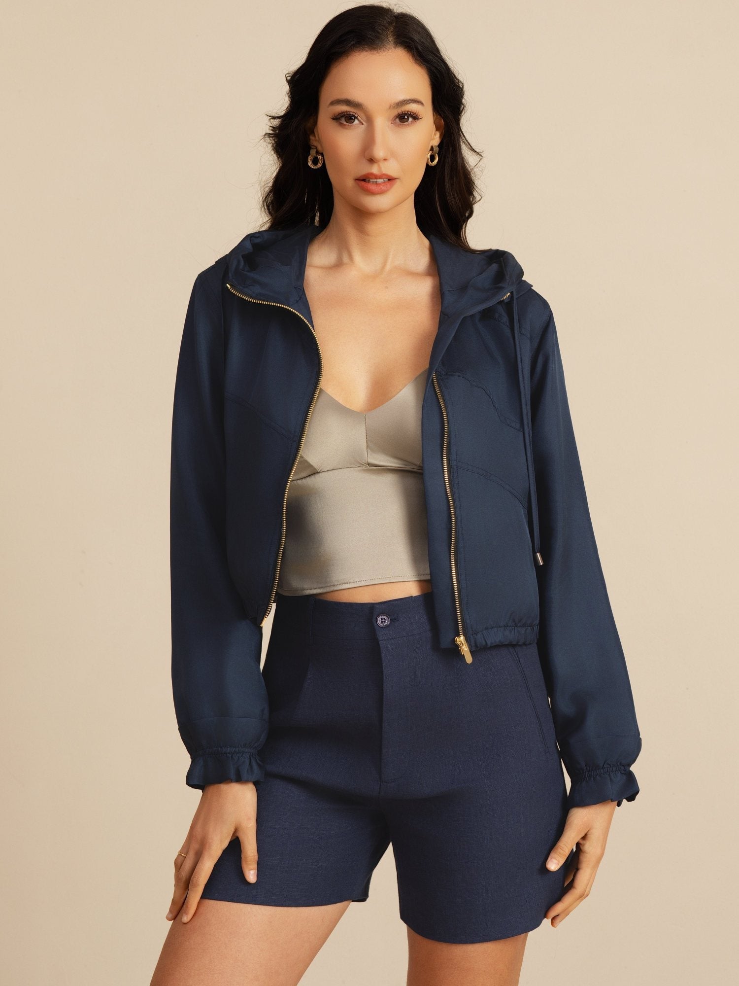 [Mørkeblå] SilkSilky-NO 18Momme Langermet Høy Hals Yttertøy for Kvinner 006