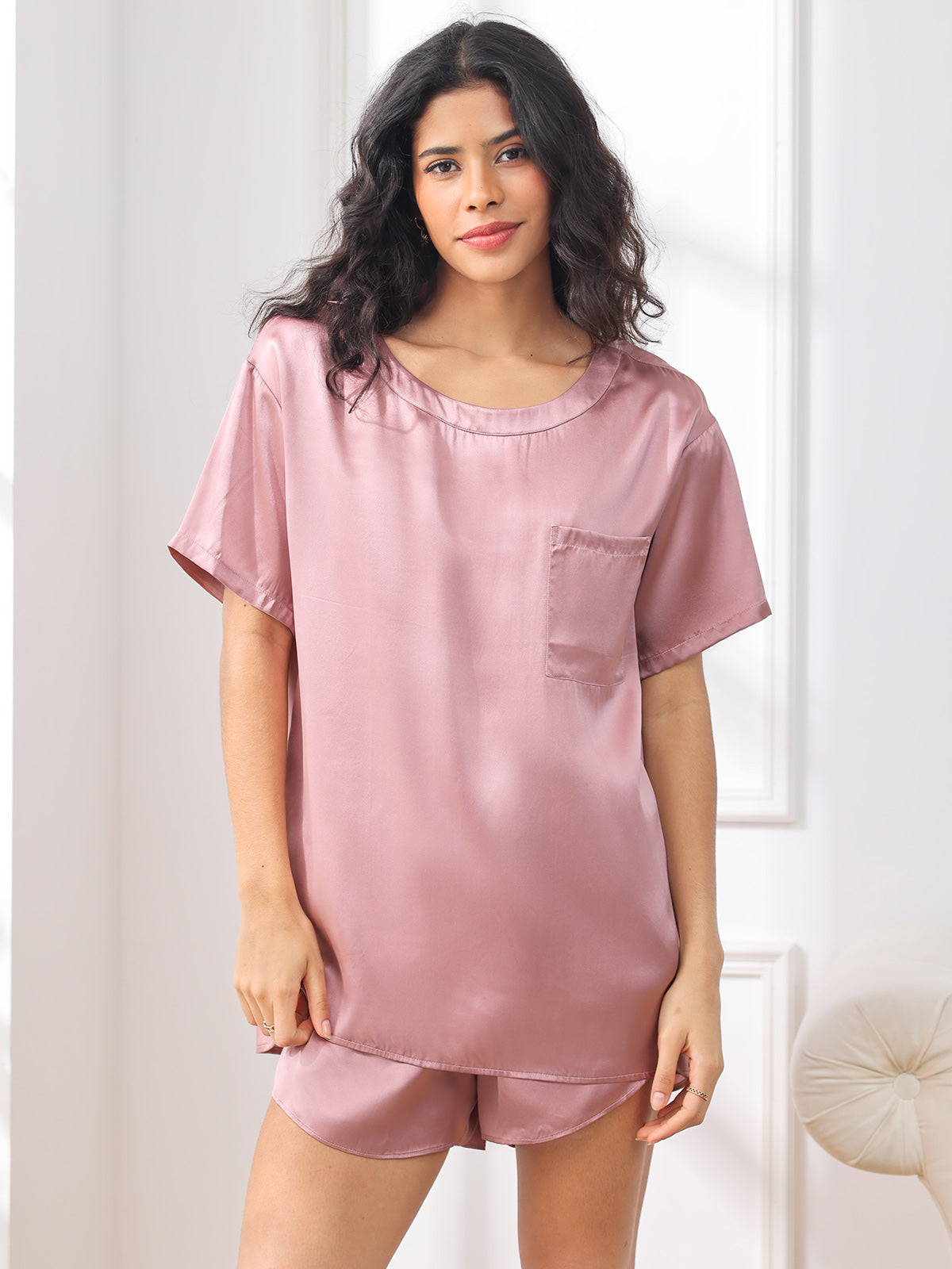 SilkSilky  Pure Silk Short Sleeve Round Neck Women's Pajamas PaleMauve 001