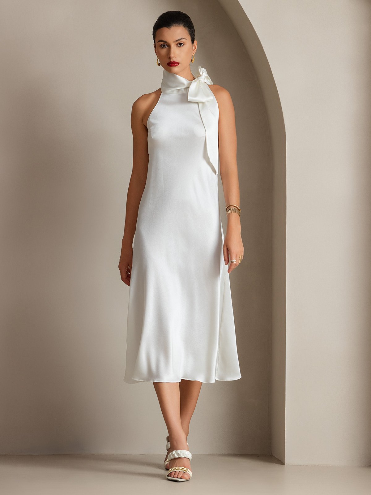 SilkSilky US 19Momme Silk Blend Sleeveless Tie Neck Dress White 007