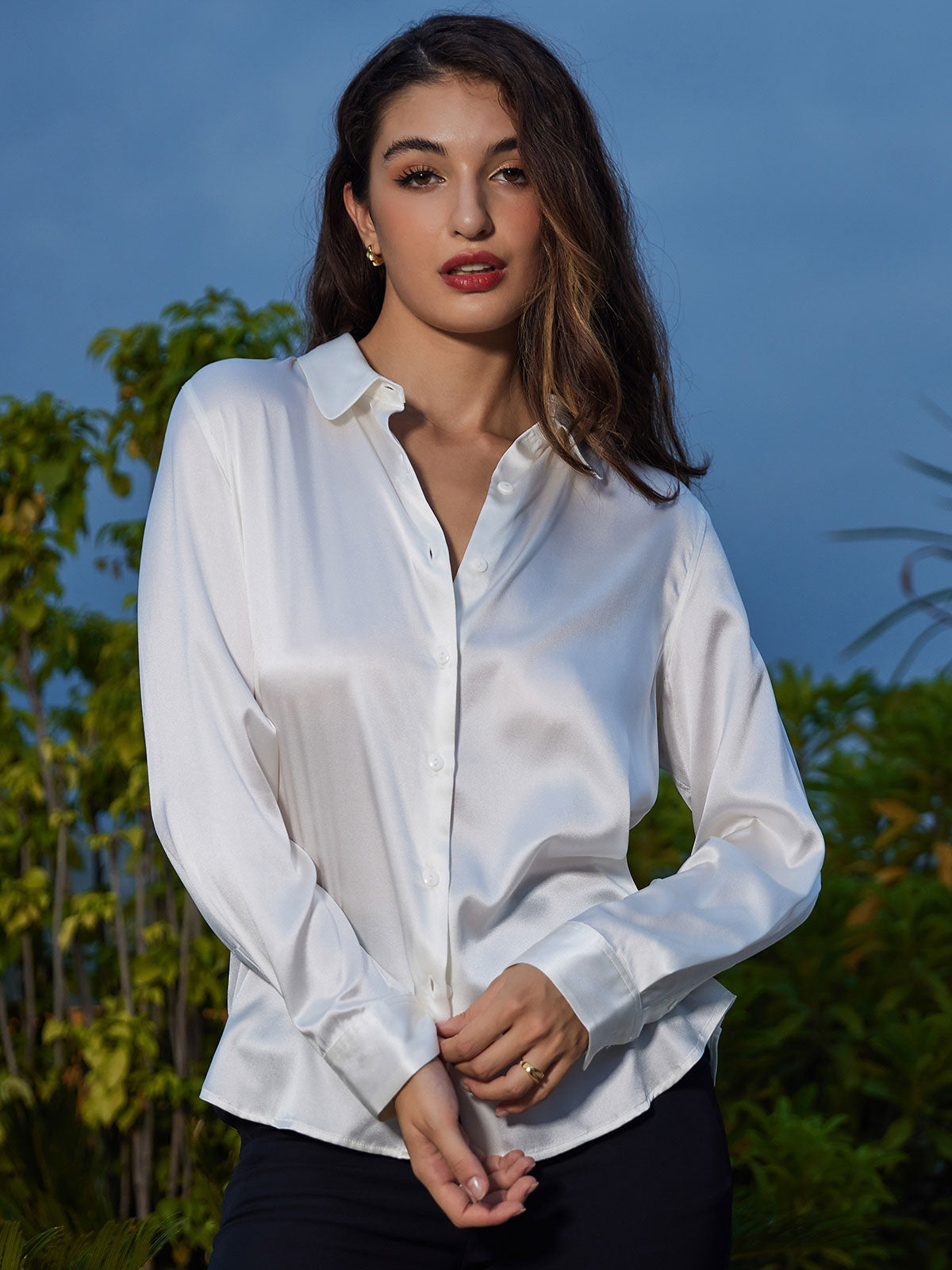 [Hvit] SilkSilky-NO Silke Long Sleeve Collar Skjorte for Kvinner 004