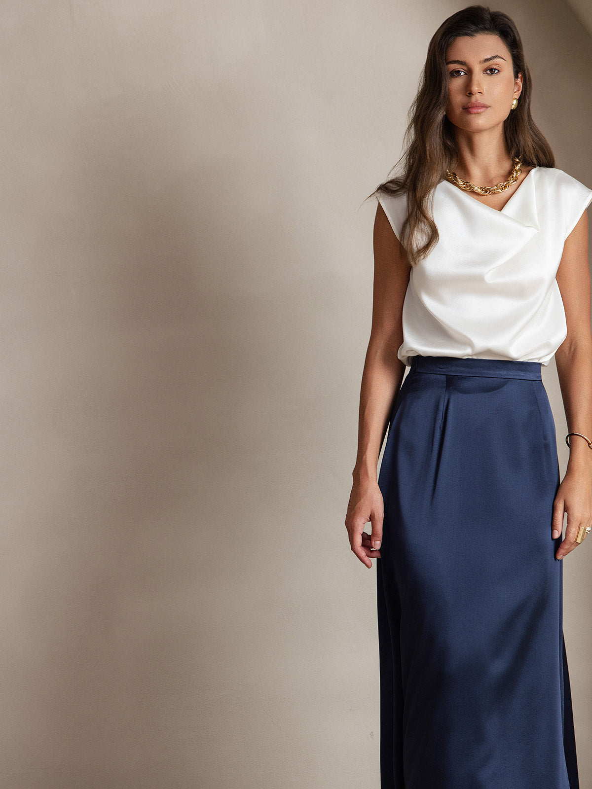 [Hvit] SilkSilky-NO 19Momme Silke Cowl Neck T-skjorte for Kvinner 003