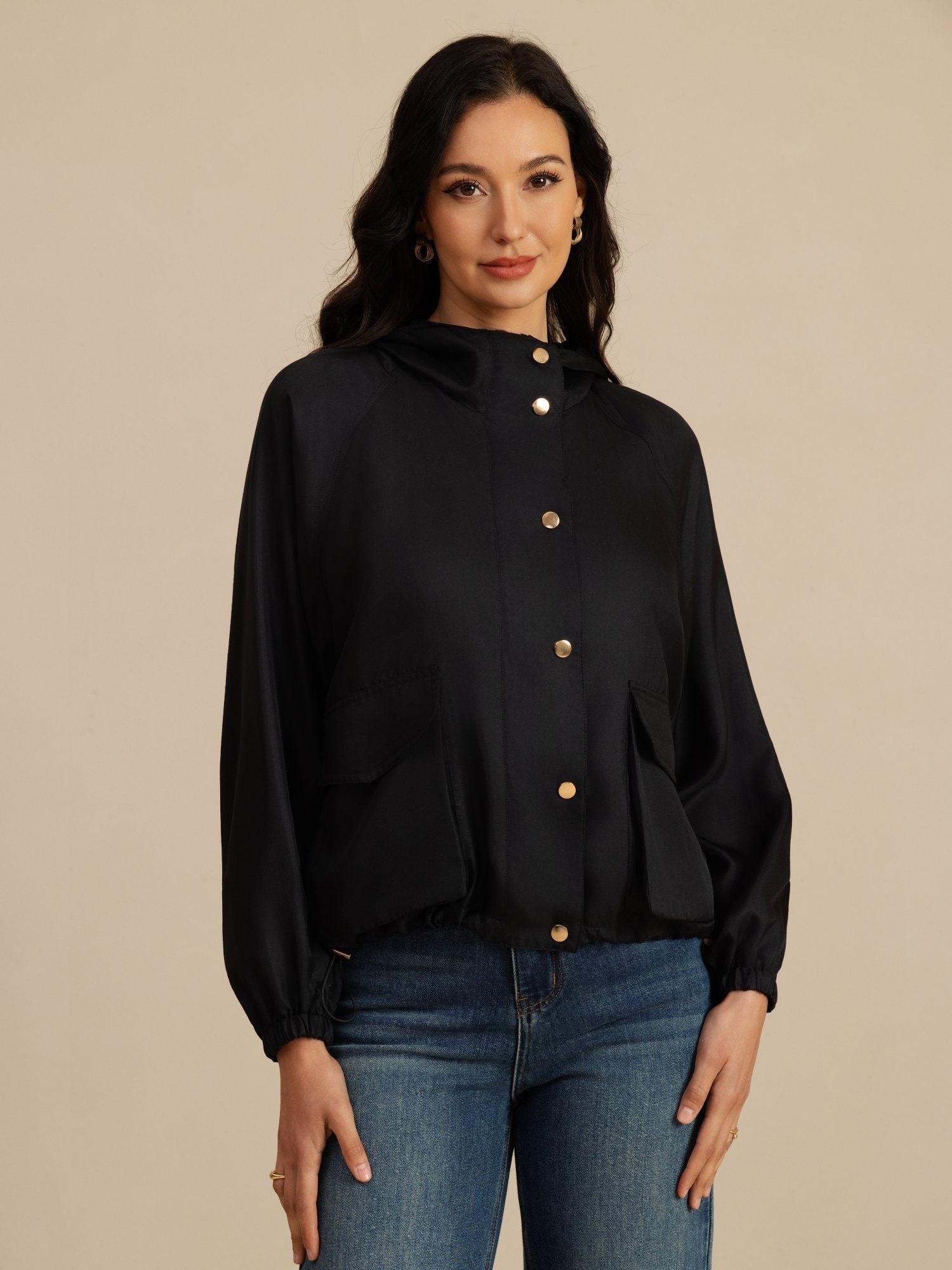 [Svart] SilkSilky-NO Langermet Høy Hals Yttertøy for Kvinner 005