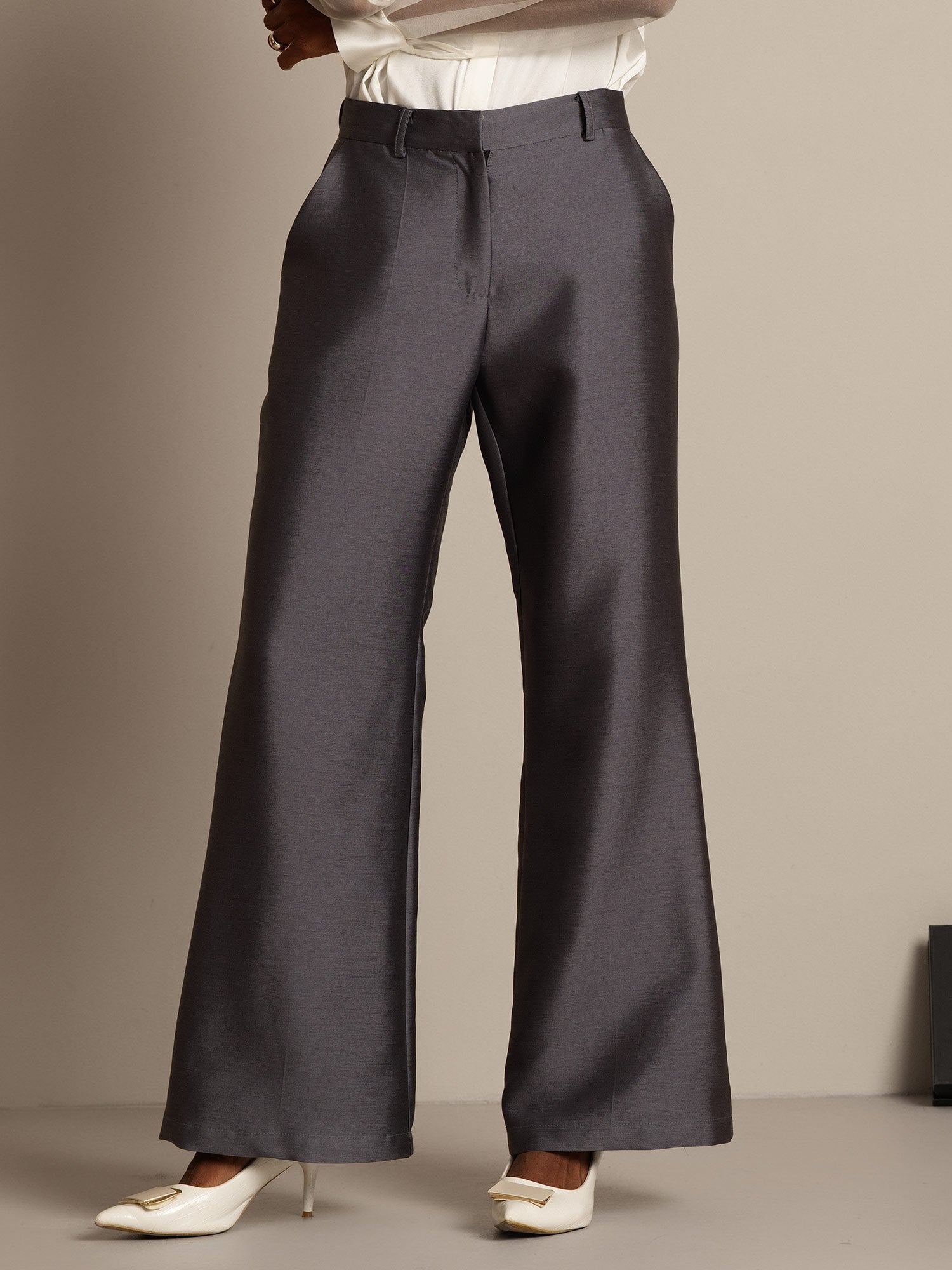 [Grå] SilkSilky-NO 32Momme Silk-Wool Blend Womens Pants 007,