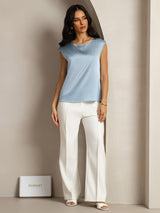 [Gråblå] SilkSilky-NO Cap Sleeve Round Neck T-skjorte for Kvinner 003