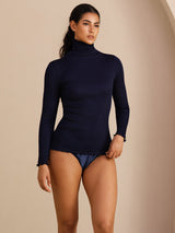 [Mørke blå] SilkSilky-NO Long Sleeve Turtle Neck T-skjorte for Kvinner 004