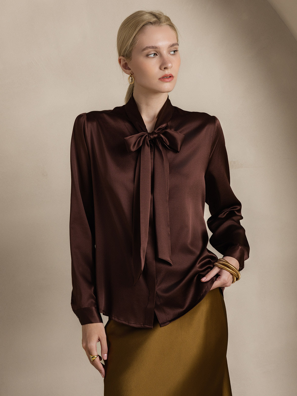 SilkSilky-NO 19Momme Womens Shirt Kaffe 005