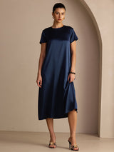 [Mørke blå] SilkSilky-NO Short Sleeve Round Neck Kjole 003