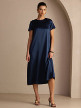 [Mørke blå] SilkSilky-NO Short Sleeve Crew Neck Kjole 003