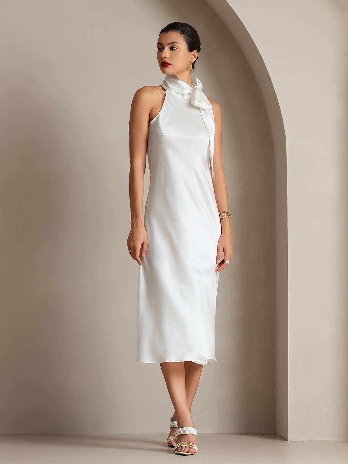 SilkSilky US 19Momme Silk Blend Sleeveless Tie Neck Dress White 008