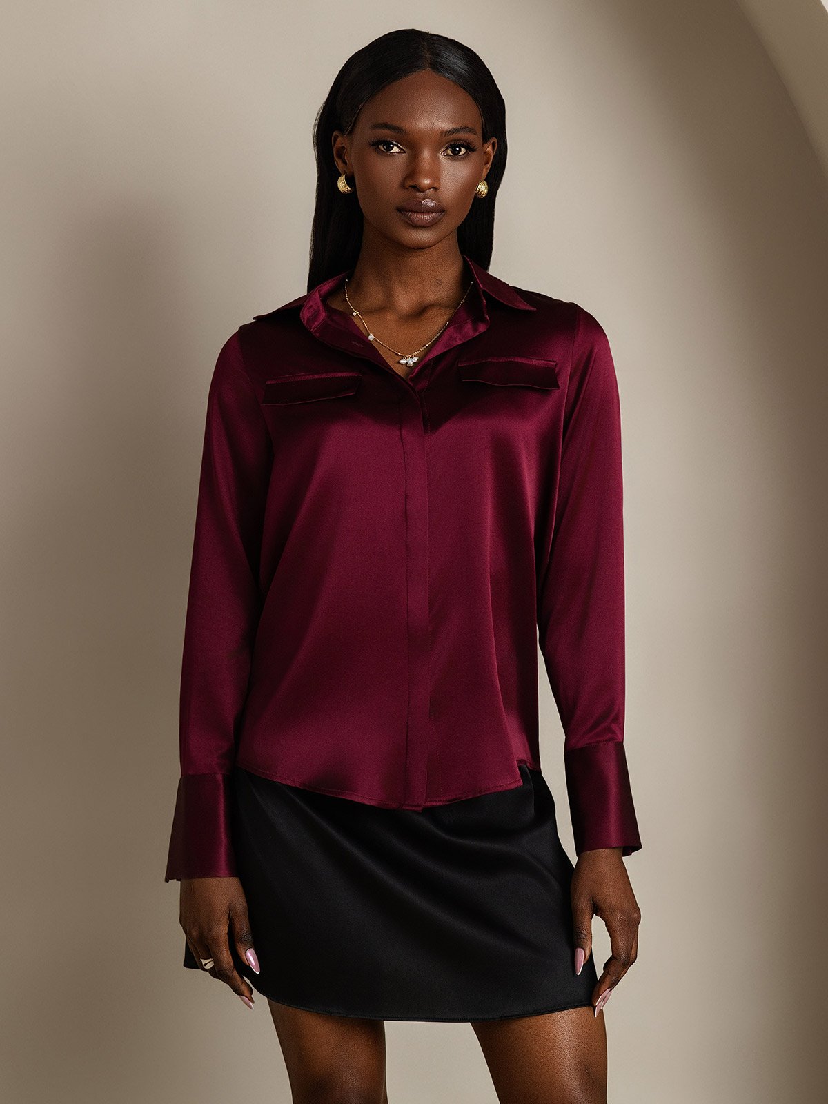 SilkSilky-NO 19Momme Silke Womens Shirt Mørkerød 004
