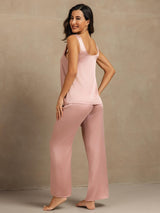 [Ferskenhud] SilkSilky-NO 19Momme Ermeløs Dyp Rund Halsutringning Pyjamas for Kvinner 002