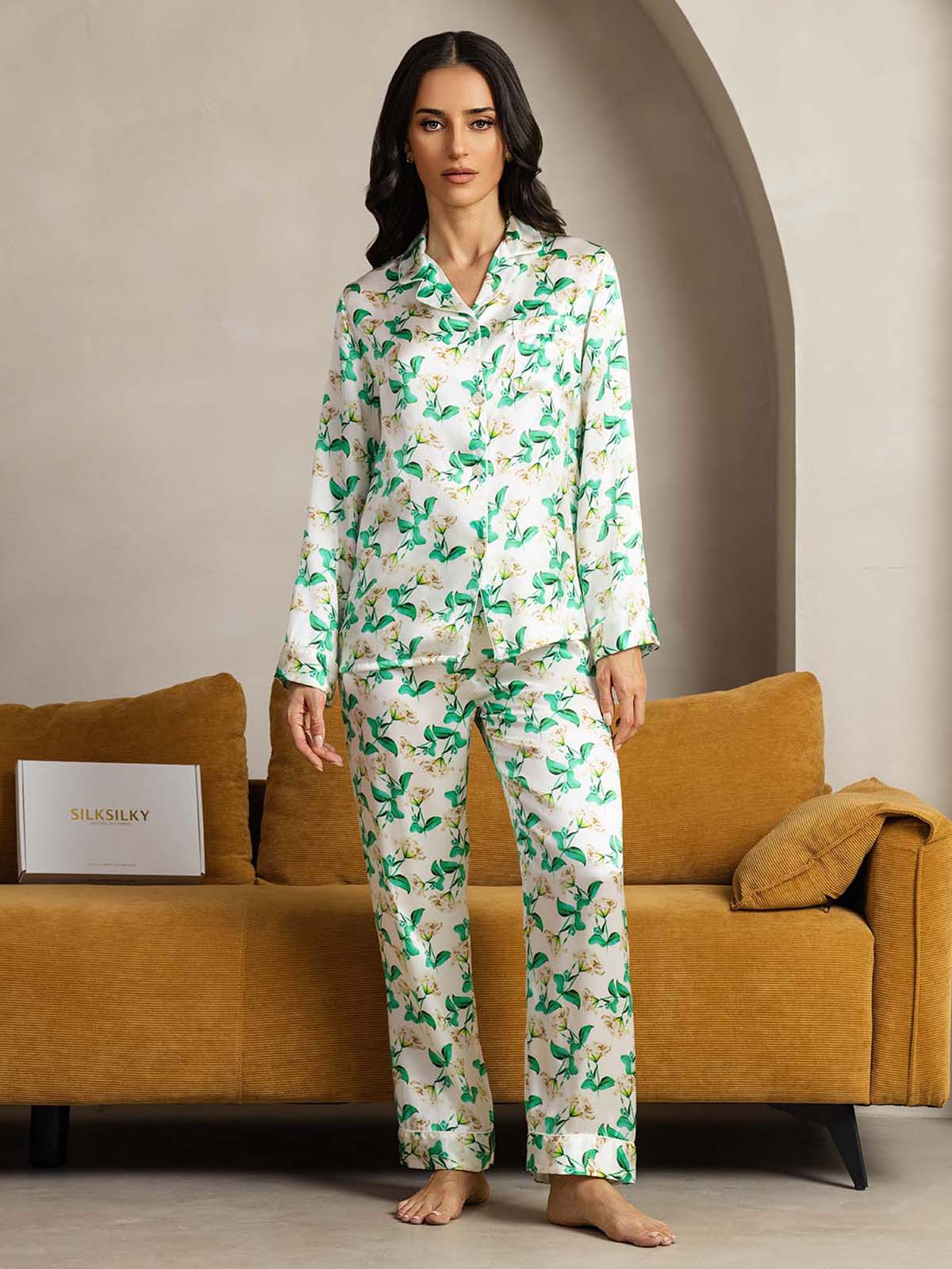 [Grønn Blomster] SilkSilky-NO Womens Pajamas 006