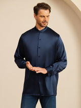 [Mørke blå] SilkSilky-NO Long Sleeve Stand Collar Skjorte for Menn 005