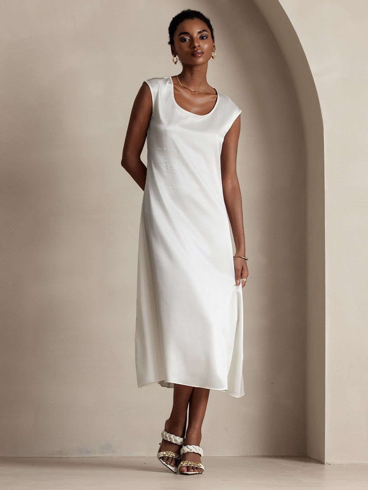 [Hvit] SilkSilky-NO 19Momme Silke Dress 003