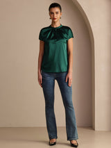 [Mørk Grønn] SilkSilky-NO Short Sleeve Blouse 005