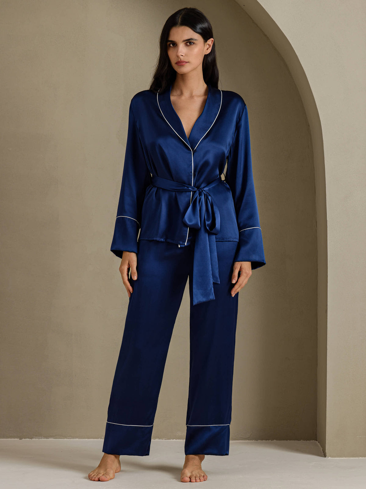 [Mørke blå] SilkSilky-NO Long Sleeve Shawl Collar Pyjamas for Kvinner 001
