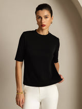 [Svart] SilkSilky-NO Halv erme Crew Neck T-skjorte for Kvinner 007