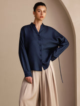 [Mørke blå] SilkSilky-NO Long Sleeve Blouse 003