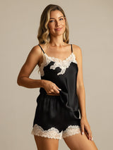 [Svart] SilkSilky-NO Spaghetti Stropp V Hals Camisole sett 006