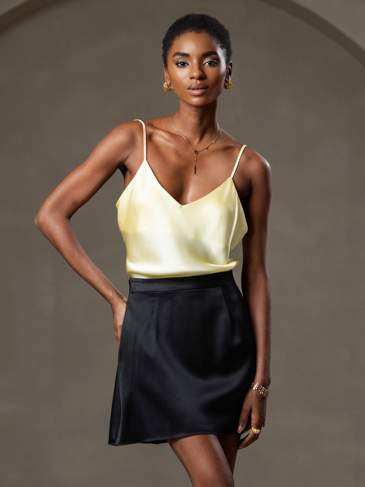 [Lys Gul] SilkSilky-NO V-Hals Camisole Topp 001
