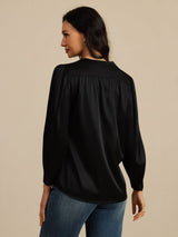 [Svart] SilkSilky-NO 19Momme Long Sleeve Round Neck Bluse 002